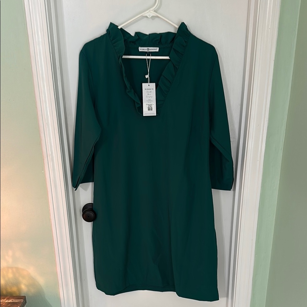 Michelle McDowell Emerald Green Ruffle Neck Dress